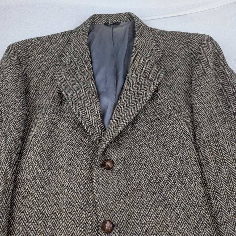 Corbin Ltd Tweed Wool Men Herringbone Sport Coat Blazer Gray Brown USA Lrg Vtg